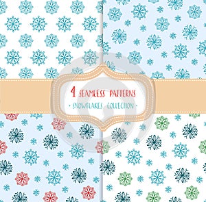 Set of four Christmas seamless vector patterns with snowflakes.