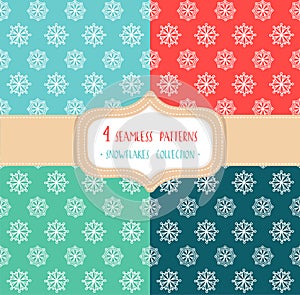 Set of four Christmas seamless vector patterns with snowflakes.