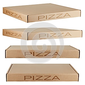 Set of four closed cardboard pizza boxes from different angles with the inscription PIZZA, isolated on a white