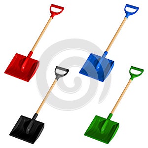 Set of four colored plastic shovels snow shovel with wooden handles, vector illustration