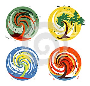 Set of four colorful abstract tree swirls. Artistic seasonal tree representations spring, summer, autumn, and winter