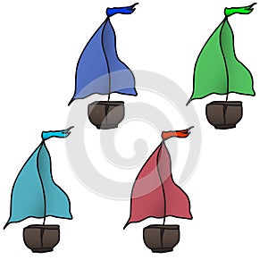 Set of four colorful boats. Vector illustration.