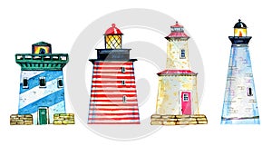 Set of four colorful cartoon lighthouses. Hand drawn watercolor illustration photo