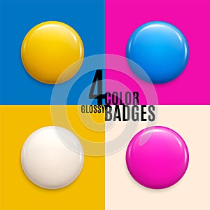 Set of four colorful glossy badges or buttons.