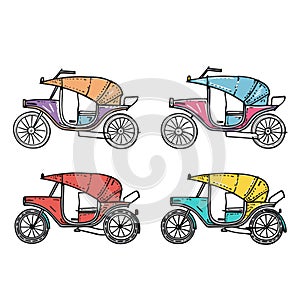 Set four colorful rickshaw illustrations, traditional Asian transport, isolated white. Handdrawn