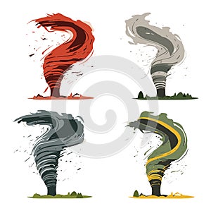 Set of four colorful tornadoes with different elements like fire, air, water, earth. Concept of natural disasters