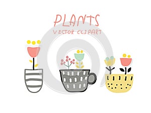 Set of four colorless potted plants in a hand-drawn style.