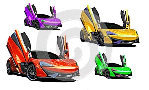 Set of four coloured mclaren sports cars fast luxury car vehicles isolated white