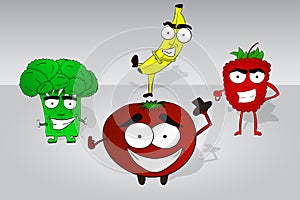 Set of four comic food hand drawn characters. Broccoli, banana