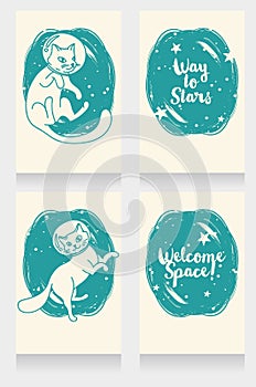 Set of four cosmic banners with doodle cats-astronaut