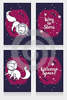 Set of four cosmic banners with doodle foxes-astronaut