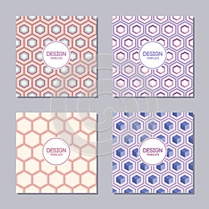 Set of four creative covers with abstract geometric pattern of hexagons.