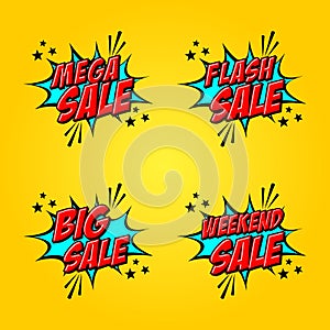 Set of Four, Creative vector Design in comic style for Flash Sale, Weekend Sale, Mega Sale or Big Sale