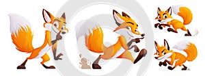 A set of four cunning but cute foxes. Adult foxes in dynamic poses. Wild animals of the forest. Vector cartoon style