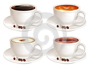 Set of four cups of coffee of different grades side view isolated on white background