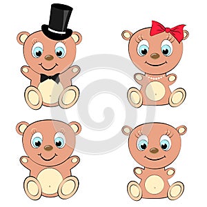 Set of four cute, beautiful, brown bear girl and boy with big head and blue eyes in cylinder and bow tie, bow and pearl necklace o