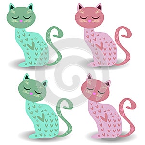 Set of four cute cats in pastel colors with hearts. Drawing for cups, decorations, postcards