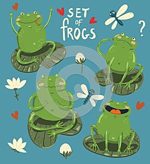 Set of four cute frogs hand-draw in cartoon style