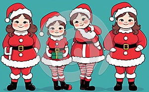 A set of four cute funny girls in a Santa outfit, illustration on a green background