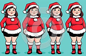 A set of four cute funny girls in short thigh-high socks and a Santa hat, illustration on a green background