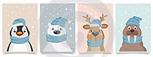 Set of four cute little kawaii cartoon arctic animals wearing scarves and hats in the snow. Polar bear, fawn, walrus, penguin.