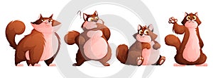 A set of four cute plump brown cats. Funny well-fed cat posing. Vector cartoon style