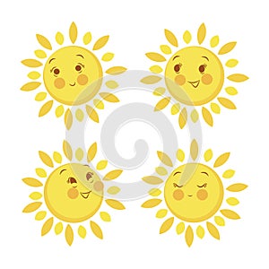 Set of four cute suns with faces.