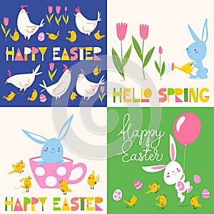 Set of four cute vector easter spring cards with rabbits, tulips and lettering and eggs