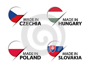 Set of four Czech, Hungarian, Polish and Slovak stickers. Made in Czech Republic, Made in Hungary, Made in Poland