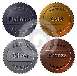 Set of 4 medals Paltinum, Gold, Silver, Bronze photo