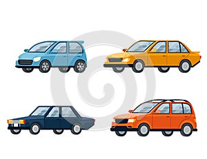 Set of four different cars retro and modern city automotive flat vector illustration