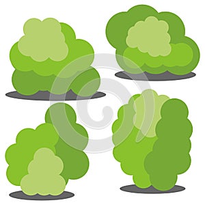 Set of four different cartoon green bushes isolated on white background