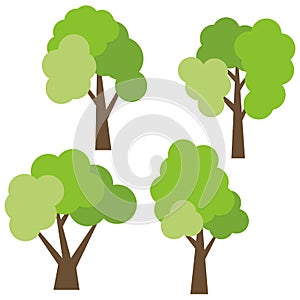 Set of four different cartoon green trees isolated on white background.