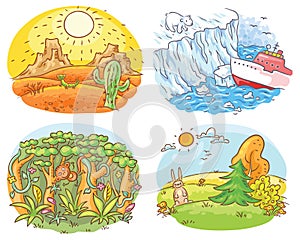 Set of four different climatic zones - desert, Arctic, jungle and moderate climate