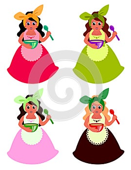 Set of four different colored housewives on white background