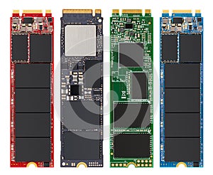 Set of four different M2 SSD flash hdd hard disc drive nvme and sata type isolated white background. pc computer hardware photo