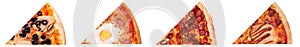 Set of four different slices of delicious italian pizza: with ham and olives, with beef sausages and eggs, spicy Mexico and BBQ