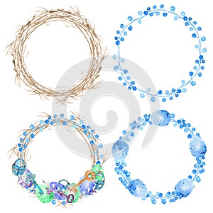 Set of four easter wreaths with easter eggs, and keys, with spring twigs drawn in watercolor on a white background. aster eggs