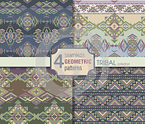Set of four ethnic seamless patterns. Geometric endless backgrou