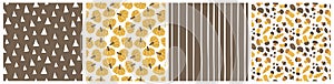 Set of four fall seamless patterns. Vector hand drawn Mushrooms, pumpkins, leaves, nuts, acorns illustrations in yellow and brown