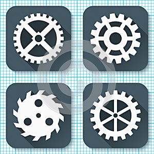 Set of four flat gear icons with long shadows on a graph engineering paper background.