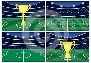 Set of four football stadiums with a golden cup on green grass