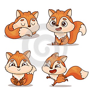 A set of four foxes in different poses on a white background