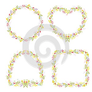 Set of four frames of different shapes with flowers and branches with leaves for festive design and decoration. Isolated vector co