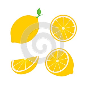 Set of four fresh lemons different views whole, half, slice. Natural organic fruits isolated on white background. Flat vector