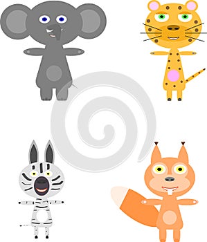 Set of four funny animals, elephant, Zebra, squirrel, leopard, on white background