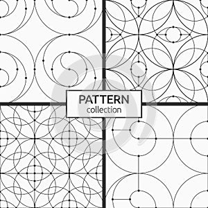 Set of four geometrical seamless patterns. Repeating tiles with connecting circles and lines
