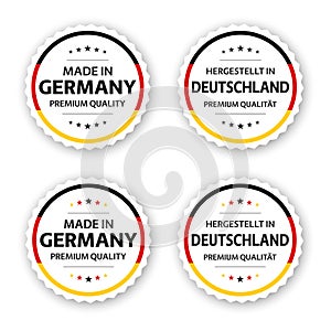 Set of four German labels. Made in Germany In German Hergestellt in Deutschland. Premium quality stickers and symbols with stars