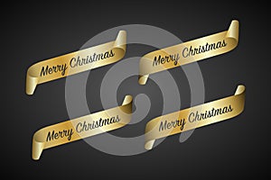 Set of four gold curled paper ribbon and Merry Christmas inscription on a black background