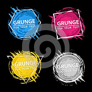 Set of four grunge splash banners. Vector splatter labels with space for text. Grunge label with geometric figures